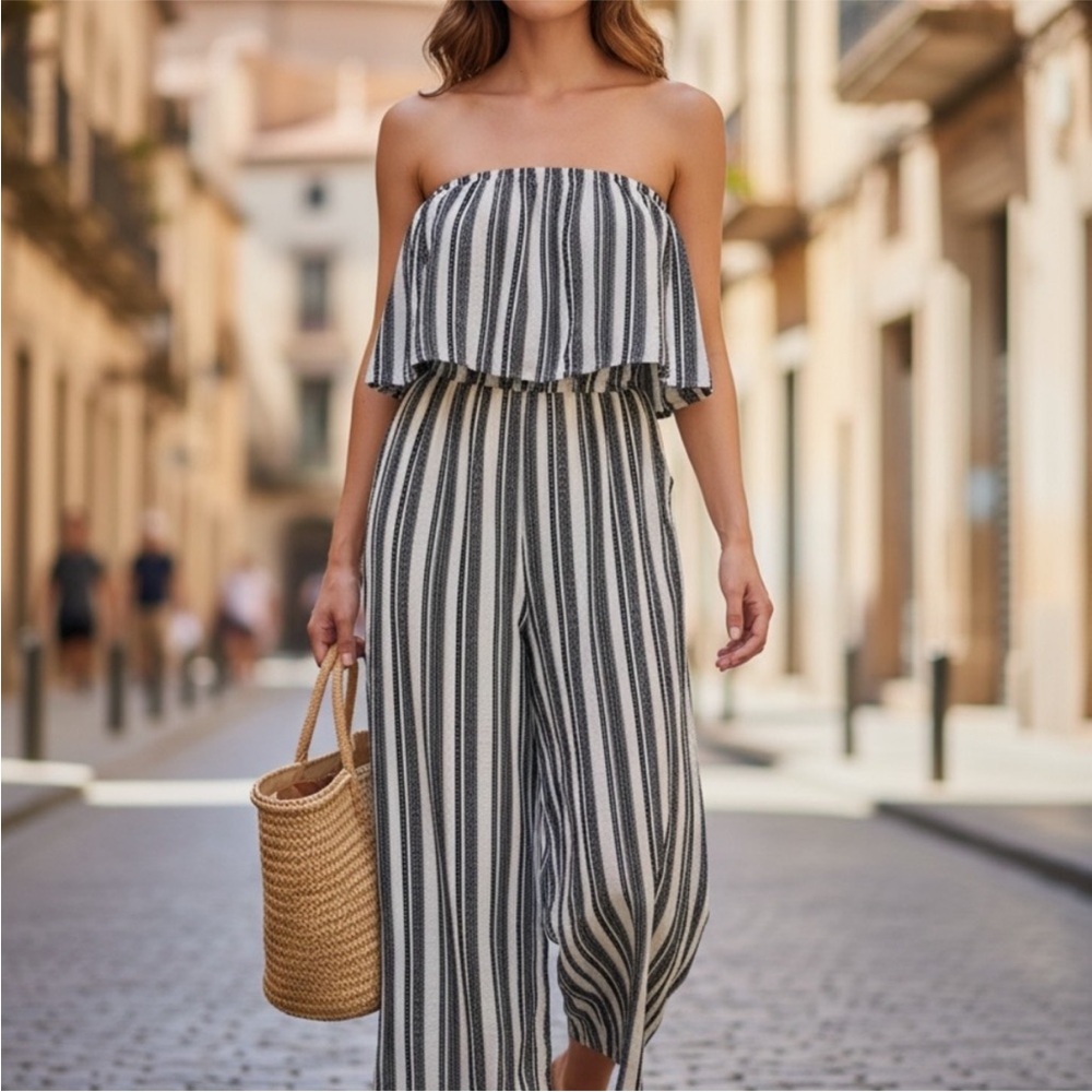 Gypsies & Moondust Monochrome Striped Strapless Jumpsuit